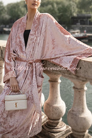 Gorgeous Glossy Velvet Long Bell Sleeve Tie-up Pocket Midi Kimono Coat