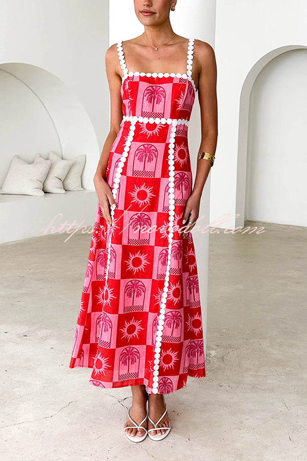 Holiday Style Unique Print Sexy Sling Open Back Lace Up Maxi Dress