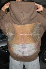 Fashionable Shiny Mesh Hollow Back Loose Long-sleeved Hooded Sweatshirt