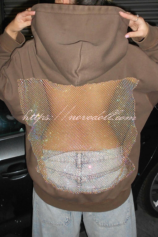 Fashionable Shiny Mesh Hollow Back Loose Long-sleeved Hooded Sweatshirt