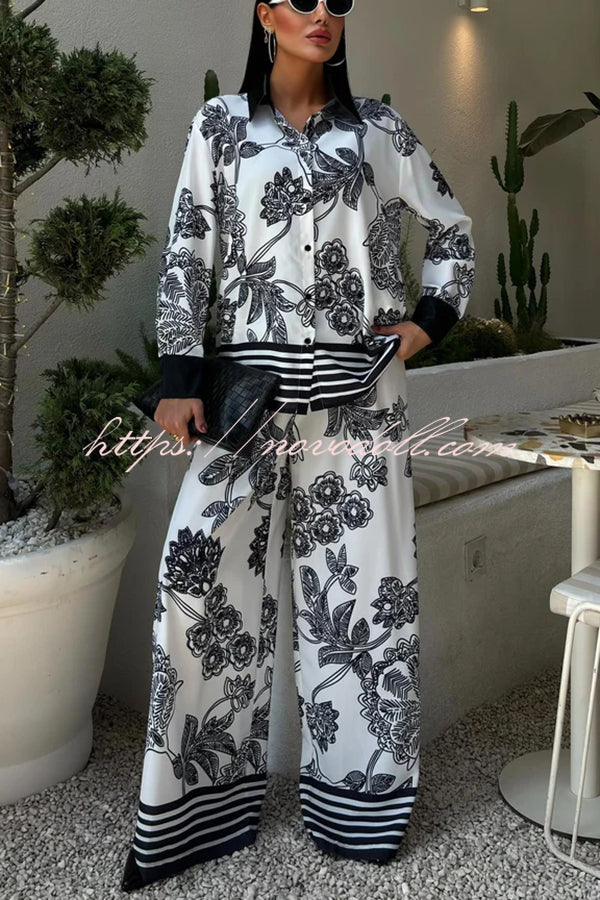 Sofia Contrast Color Flowers Print Long Sleeve Shirt and Elastic Waist Pocketed Pants Set