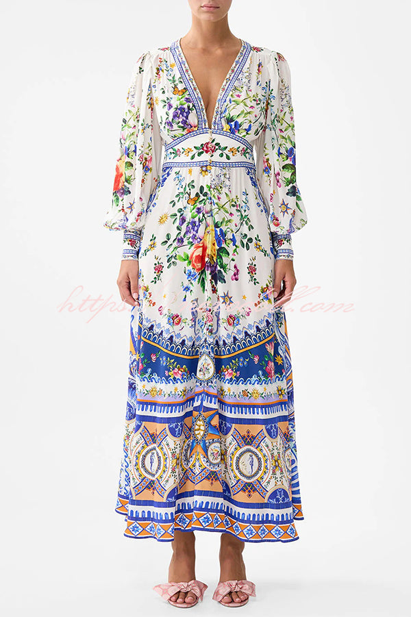 Fairy Tale Print V-Neck Lantern Sleeve Waist Maxi Dress