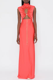 Genis Hollow Elastic Bust High Neck Sleeveless Gathered Maxi Dress