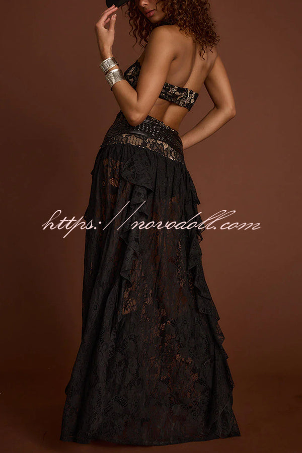 A Girls' Trip Lace High Neck Cutout Drop Waist Ruffles Maxi Dress