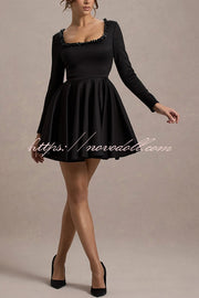 Playful Elegance Pearl Embellished Trim Long Sleeve Pleated Mini Dress