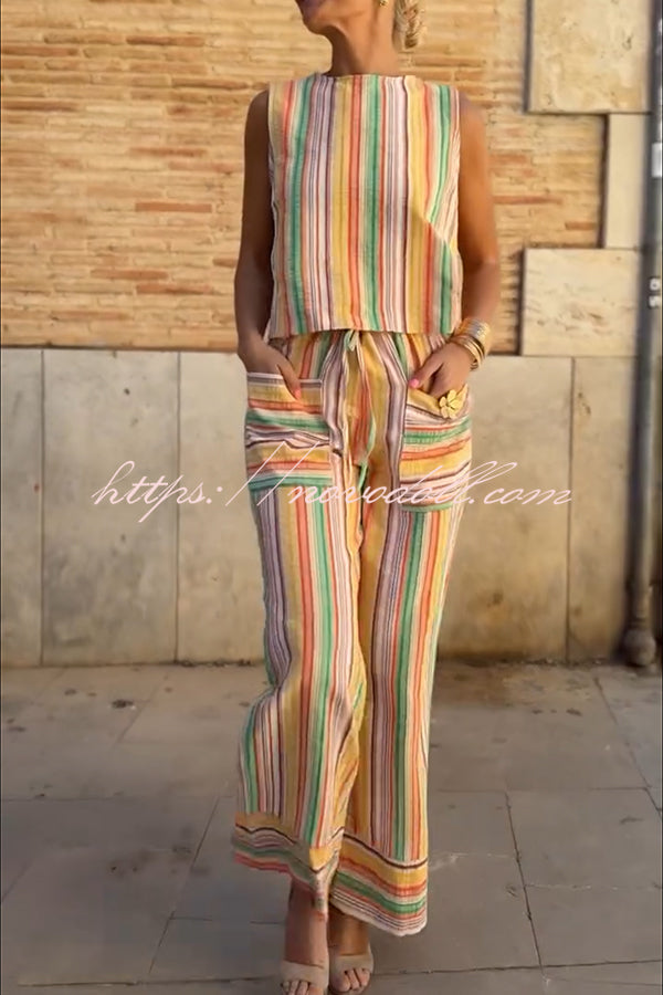Tylah Linen Blend Colorful Striped Back Button Vest and Elastic Waist Pocket Loose Pants Set