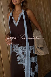 Sunday Social Contrast Color Satin Lace Trim Neck Strap Loose Tank