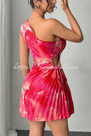 Fashion Tie-Dye One-Shoulder Hollow Pleated Mini Dress