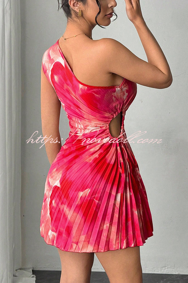 Fashion Tie-Dye One-Shoulder Hollow Pleated Mini Dress