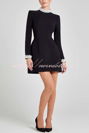 Lovers Kiss Pearl Trim High Neck Long Sleeve Pocketed Tulip Mini Dress