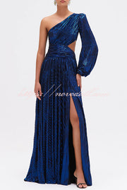 Dazzling Night Metallic Pleated One Shoulder Cutout Balloon Sleeve Gown Maxi Dress