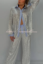 Fashion Sequined Loose Long-sleeved Shirt and Casual Elastic Waist Wide-leg Pants Set