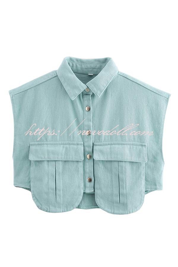 Stylish Weekend Denim Button Up Cape Sleeve Pocket Crop Top