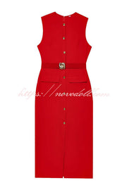Danina Button Up Sleeveless Metal Belted Pocket Stretch Midi Dress