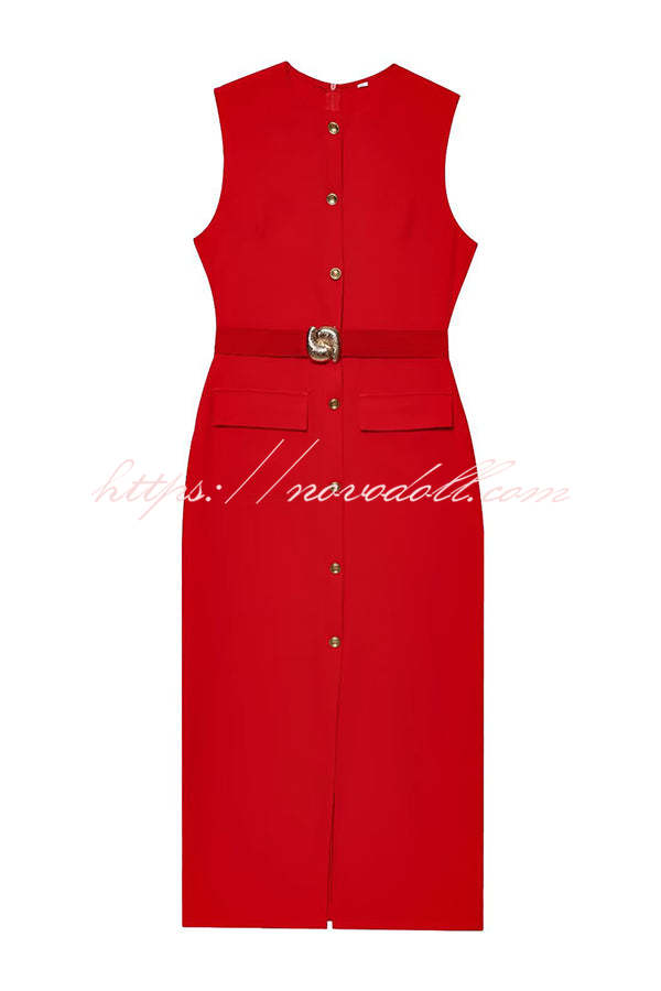 Danina Button Up Sleeveless Metal Belted Pocket Stretch Midi Dress