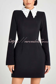 Alisha Contrast Floral Appliqué Pointed Collar Long Sleeve Pocketed Mini Dress