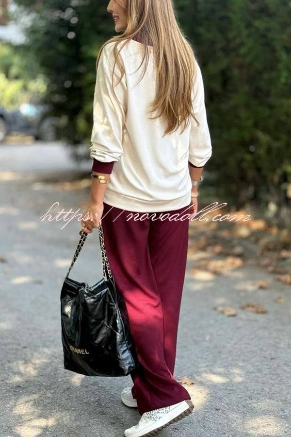 Stylish Color-blocked V-neck Knitted Button-down Cardigan and Elastic Waist Casual Wide-leg Pants Set