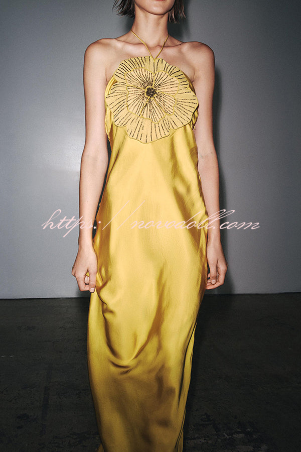 Fashionable Beaded Large Flower Decoration Halter Neck Backless Maxi Dress