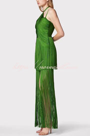 Sexy Halterneck Open Back Elegant Tassel Slim Maxi Dress