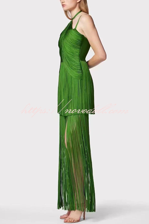 Sexy Halterneck Open Back Elegant Tassel Slim Maxi Dress