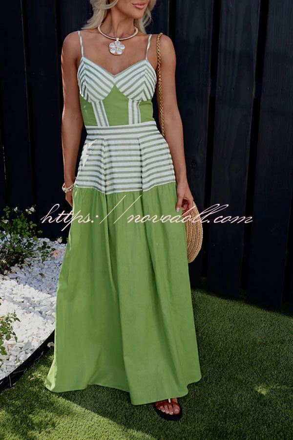 Dove Linen Blend Striped Contrast Back Smocked Slip Maxi Dress