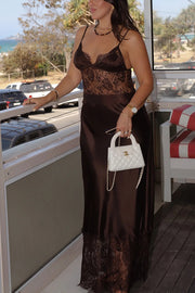 Elegant Evening Satin Lace Patchwork See-through Waist Slip Maxi Dress