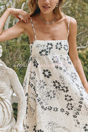 Linen Blend Floral Print Strappy Full-hem Backless Maxi Dress