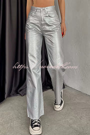 Stylish Metallic Fabric Pocket Casual Straight Wide-Leg Pants