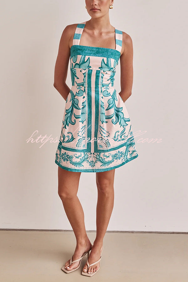 Channeling Summer Linen Blend Unique Print Wide Strap Pocketed Mini Dress