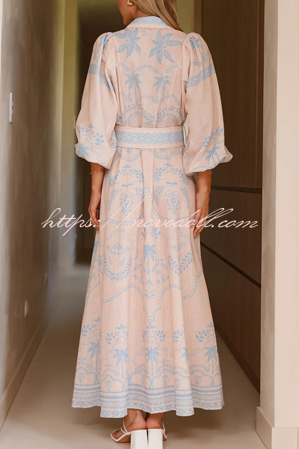 Linen Blend Lapel Puff Sleeve Casual Waist Belted Maxi Dress