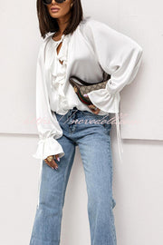 Satin Solid Color V-neck Tie Ruffle Casual Shirt