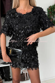 Polished Uptown Sequin Tassel Round Neck Short Sleeve Top and Elastic Waist Mini Skirt Set
