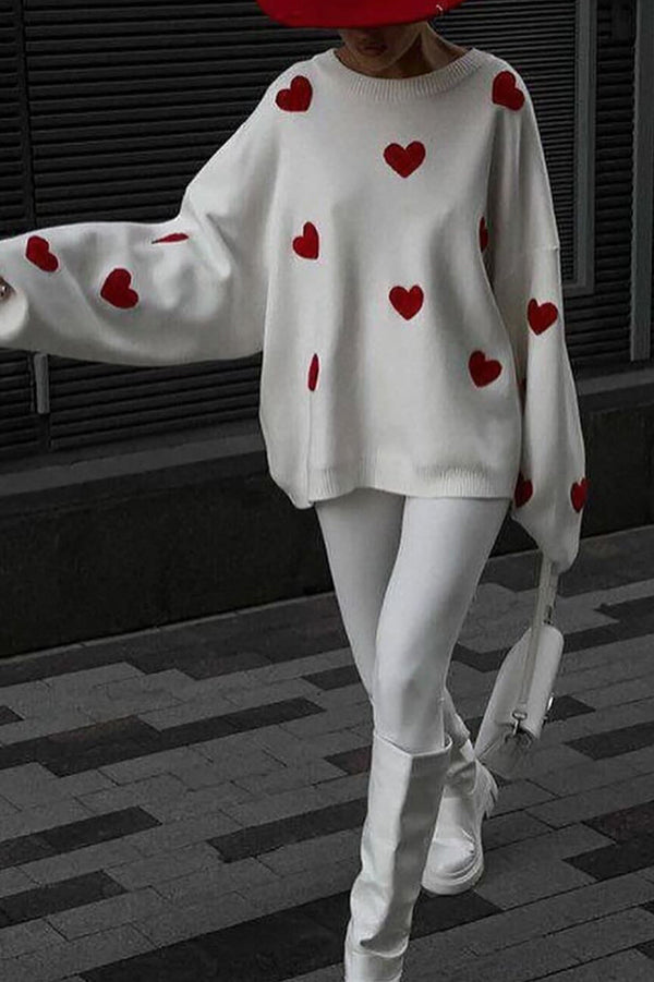 Fashionable Embroidered Love Loose Round Neck Long Sleeve Knitted Sweater