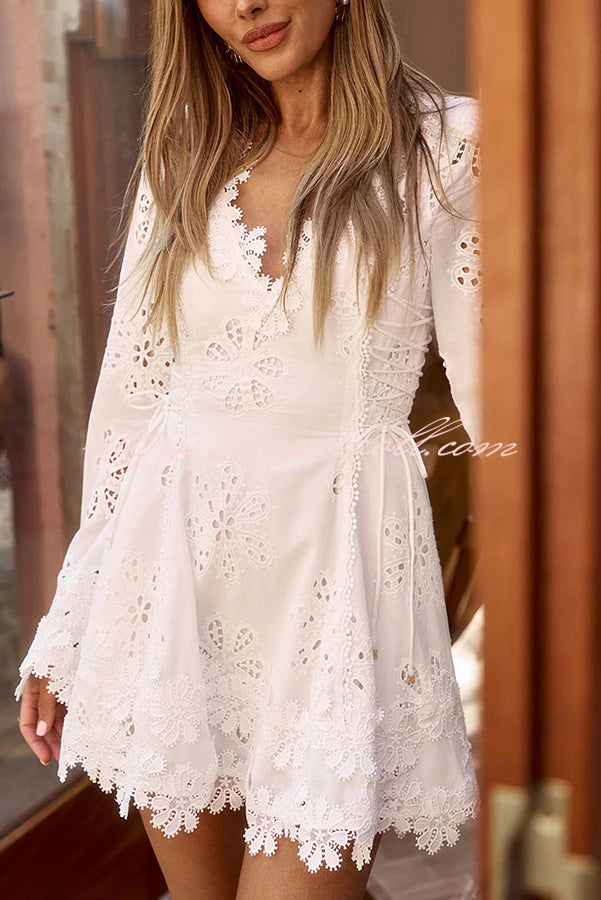 Diaz Embroidery Hollow Fabric Delicate Flower Trim Long Sleeve Side Lace-up Mini Dress