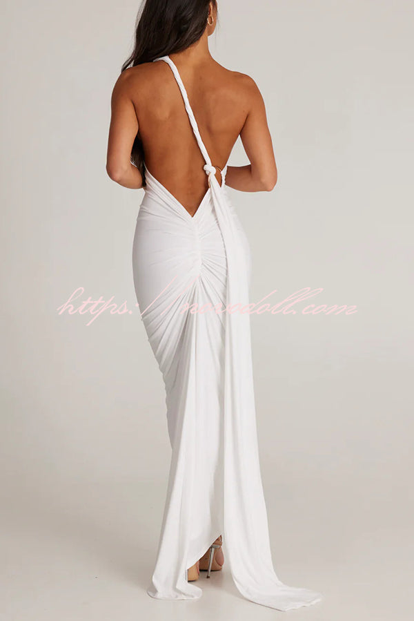 Sexy Backless Pleated Slim Solid Color Sleeveless Elegant Maxi Dress