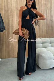 Easy Mode Cross-neck Halter Strap Backless Wide Leg Jumpsuit
