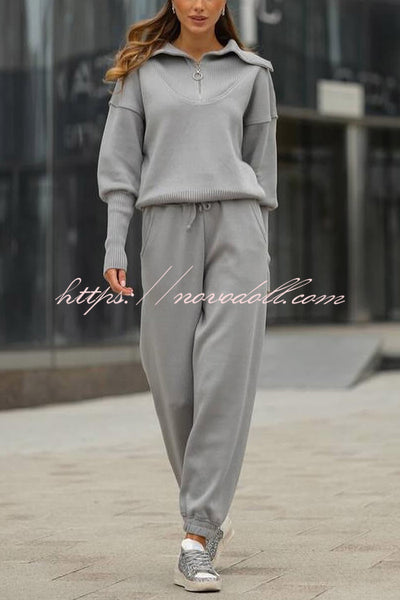 Solid Color Long-sleeved Zip-up Sweatshirt and Elastic Waist Loose Pocket Pants Set