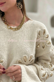 Fashionable Sequined Floral Loose Long-sleeved Knit Sweater