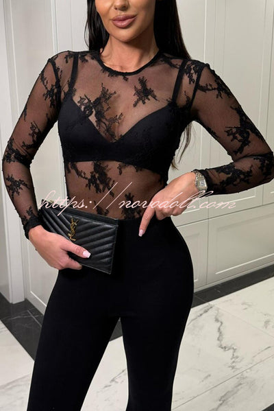 Elegant Sexy Touch Lace Mesh Long Sleeve Stretch Bodysuit