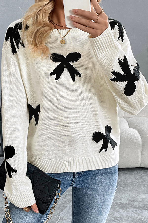 Christmas Contrast Bow Round Neck Long Sleeve Loose Knitted Sweater