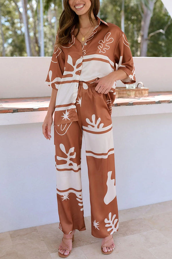 The Beach Girls Unique Color Block Print Button Up Shirt and Elastic Waist Pants Set