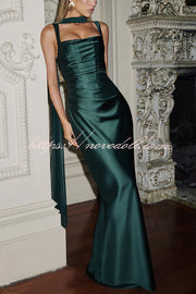 Calanthe Satin Square Neck Ruched Back Lace-up Drape Mesh Scarf Maxi Dress