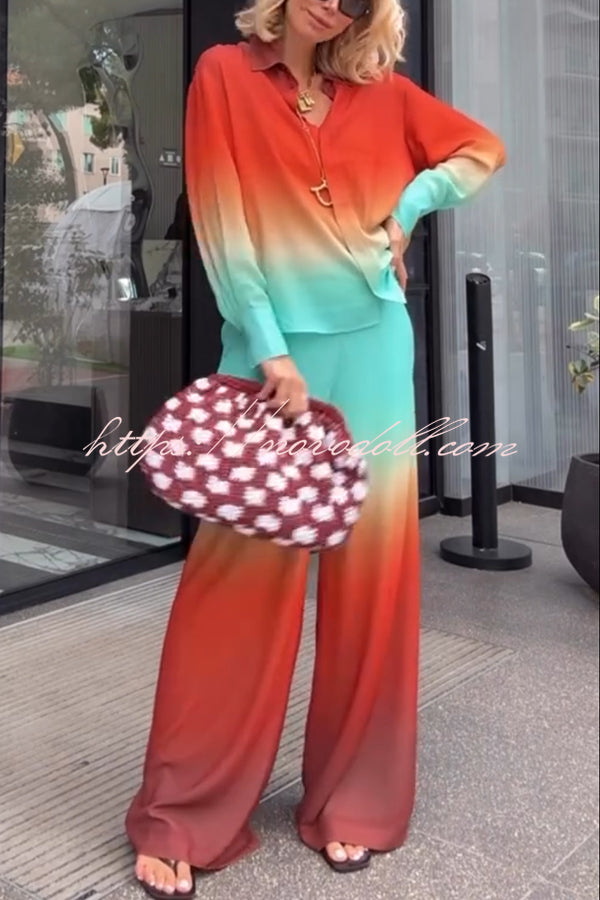 Neon Sunset Gradient Print Long Sleeve High Low Hem Blouse and Elastic Waist Loose Pants Set