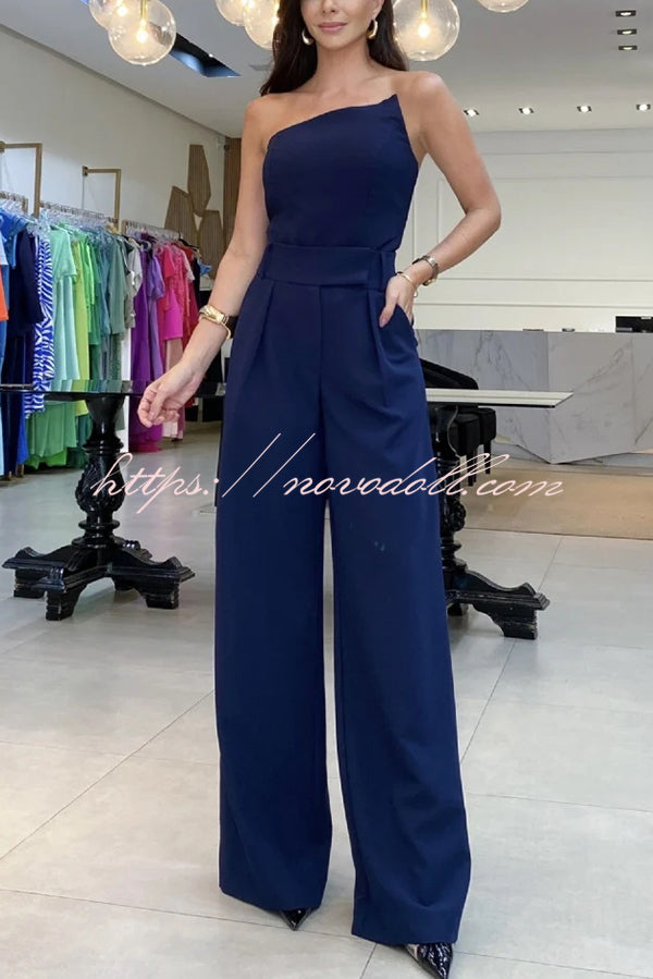 Elegant Bandeau Back Zip Cropped Top and High Waist Pocket Wide Leg Pants Set