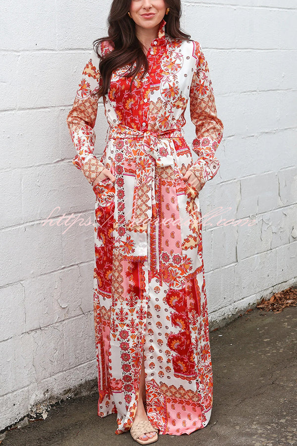 Bohemian Style Unique Printed Shirt Waist Tie Maxi Dress