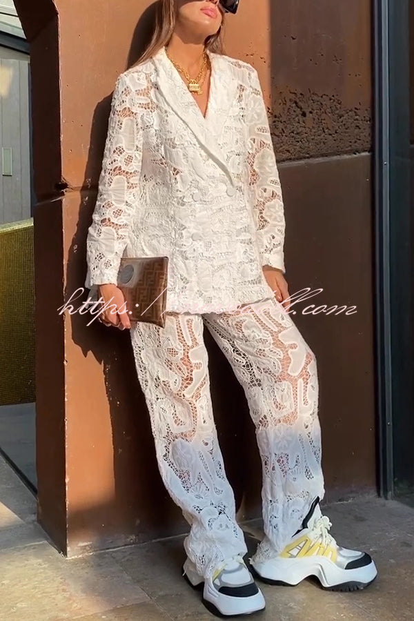 Fashionable Lace Long-sleeved Lapel Loose Top and Casual Hollow Pants Set