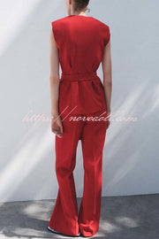 Keep It Classic V-neck Belted Vest and Mid Rise Pocket Wide Leg Pants Set