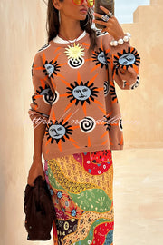 Mediterranean Art Knit Unique Sun Vortex Print Long Sleeve Relaxed Sweater