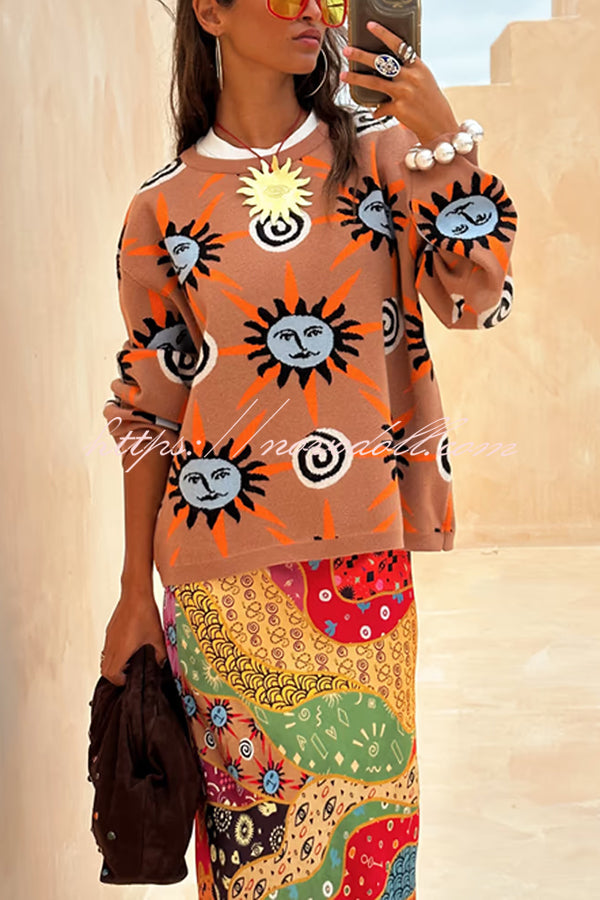 Mediterranean Art Knit Unique Sun Vortex Print Long Sleeve Relaxed Sweater