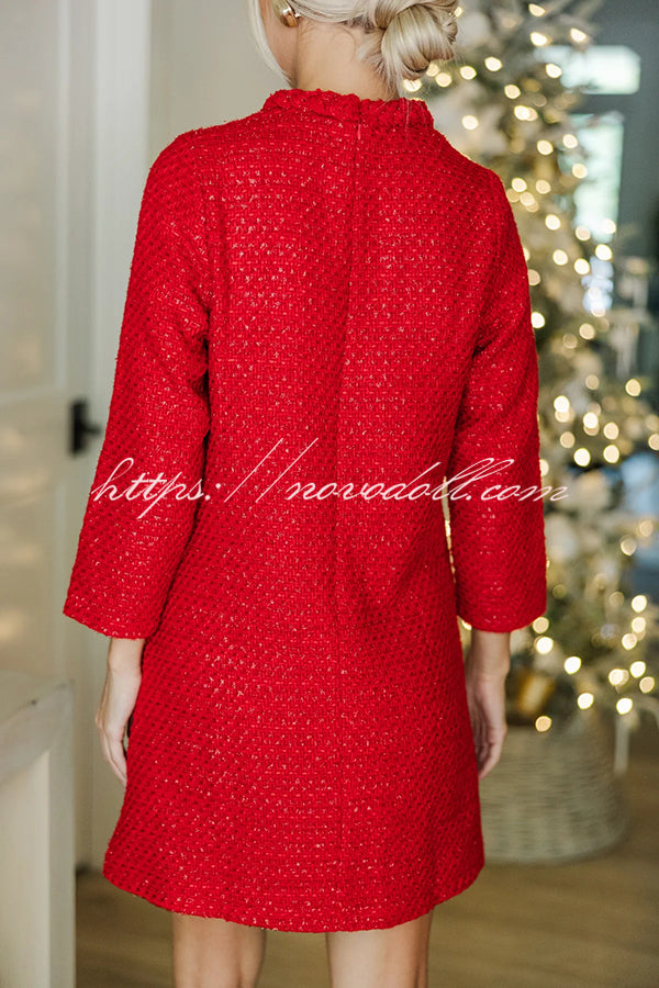 Christmas Red Tweed Fabric Braided Trim Vintage Button 3/4 Sleeve Shift Mini Dress